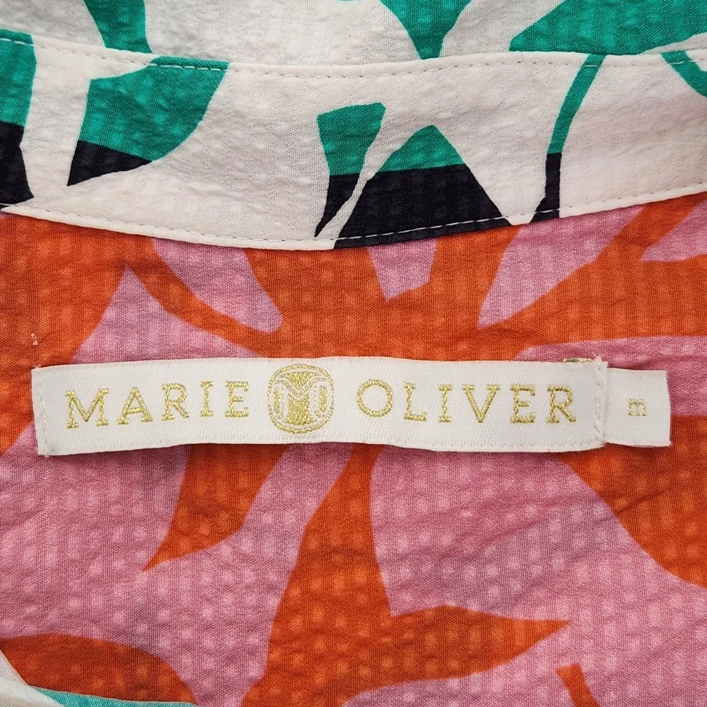 Marie Oliver Silk Mini Shirt Dress M Collar Tie Waist 3/4 Sleeve Tropical Resort - Picture 4 of 9